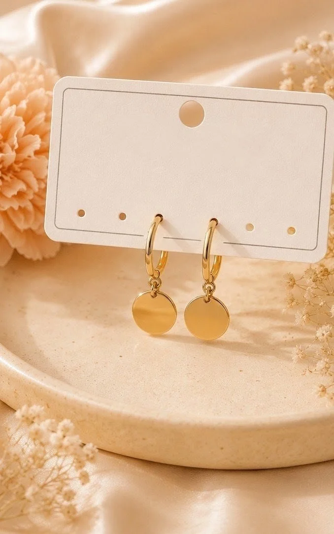 Gold Hoop Round Disc Charm Earrings